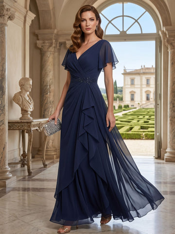 A-Line/Princess V-Neck Short Sleeves Ruffles Chiffon Floor Length Mother of the Bride Dresses
