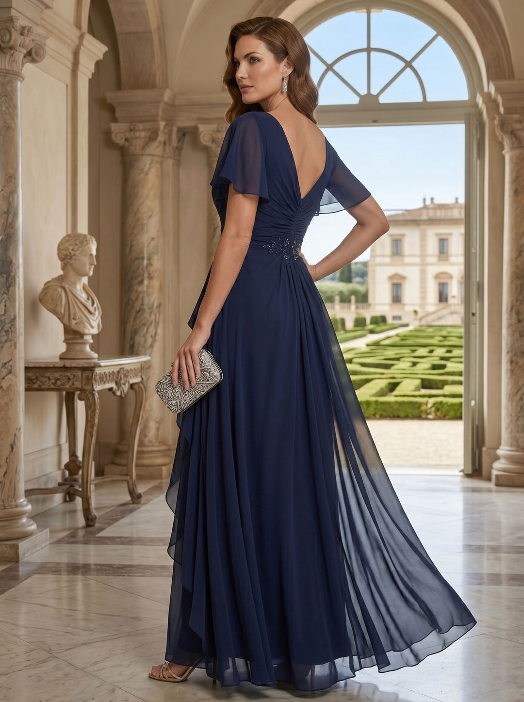A-Line/Princess V-Neck Short Sleeves Ruffles Chiffon Floor Length Mother of the Bride Dresses