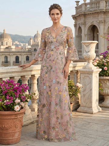 Sheath Column V Neck 3/4 Length Sleeve Lace Embroidery Floor Length Mother of the Bride Dress