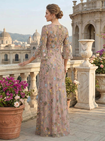 Sheath Column V Neck 3/4 Length Sleeve Lace Embroidery Floor Length Mother of the Bride Dress