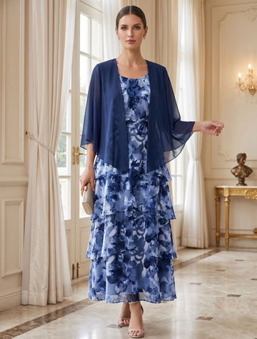 A-Line Scoop 3/4 Length Sleeve Chiffon Ankle Length Mother of the Bride Dresses