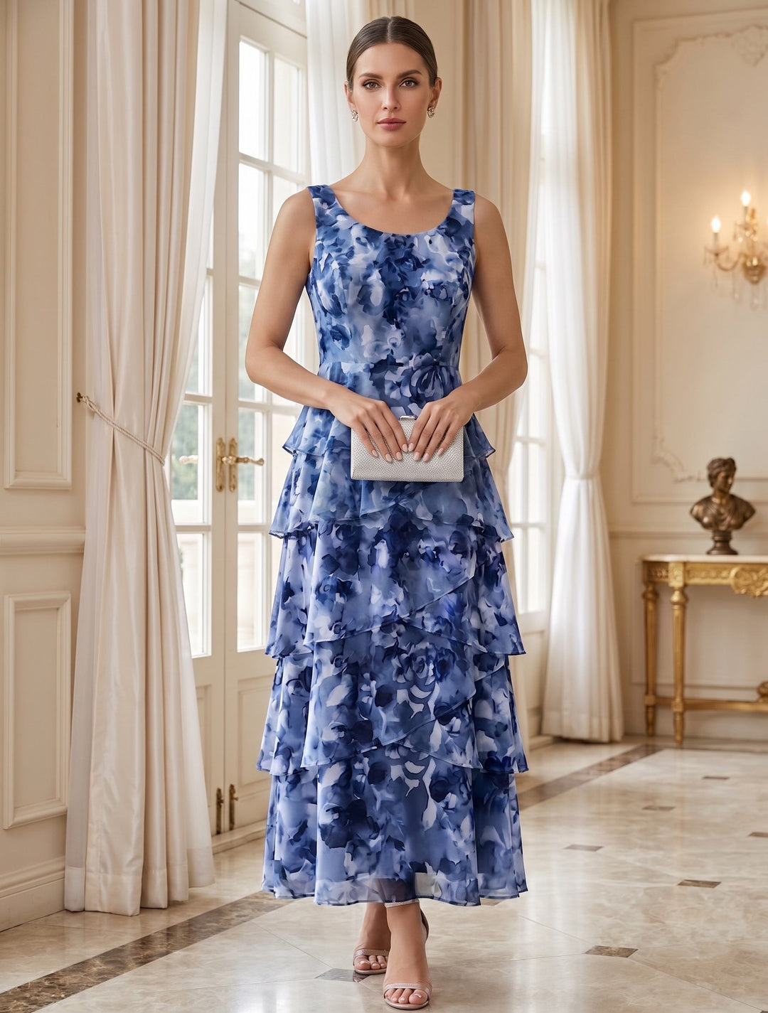 A-Line Scoop 3/4 Length Sleeve Chiffon Ankle Length Mother of the Bride Dresses