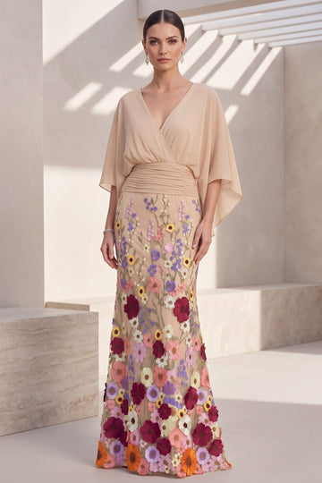 Trumpet/Mermaid V-Neck Half Sleeves Floral Chiffon Floor Length Mother of the Bride Dresses