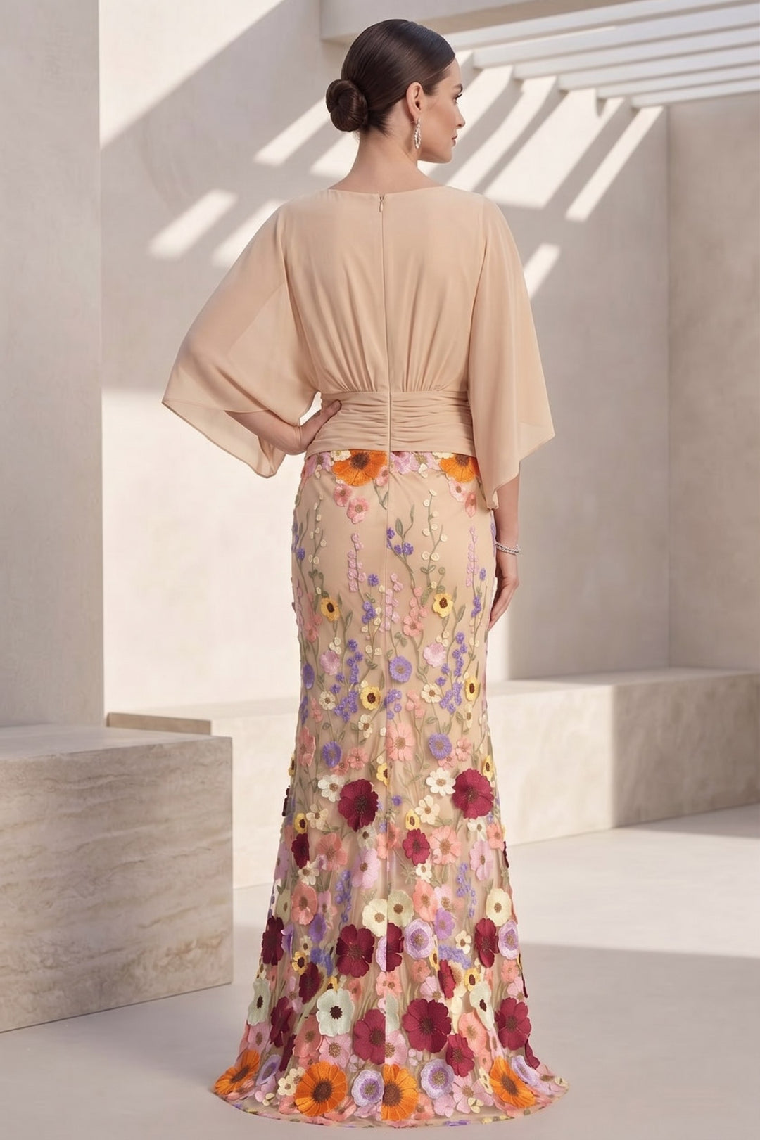 Trumpet/Mermaid V-Neck Half Sleeves Floral Chiffon Floor Length Mother of the Bride Dresses