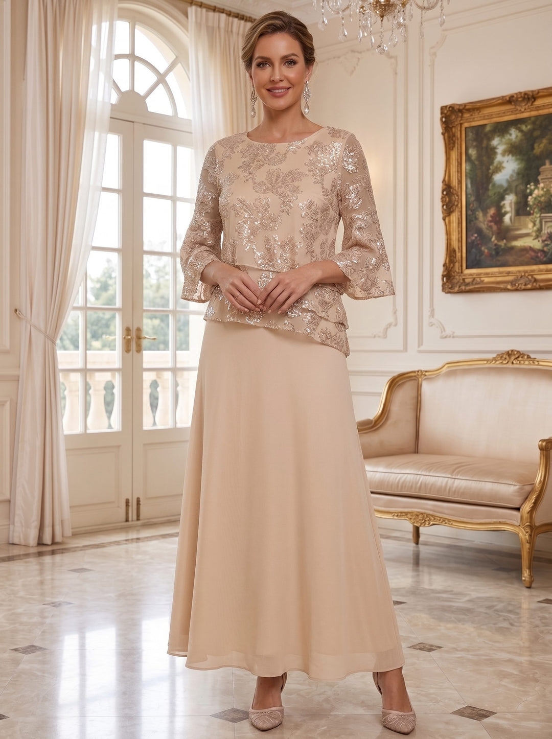 2 Pieces Chiffon Mother of the Bride Dresses Boat Neck Sequins Floor Length 3/4 Length Sleeve with Ruffles
