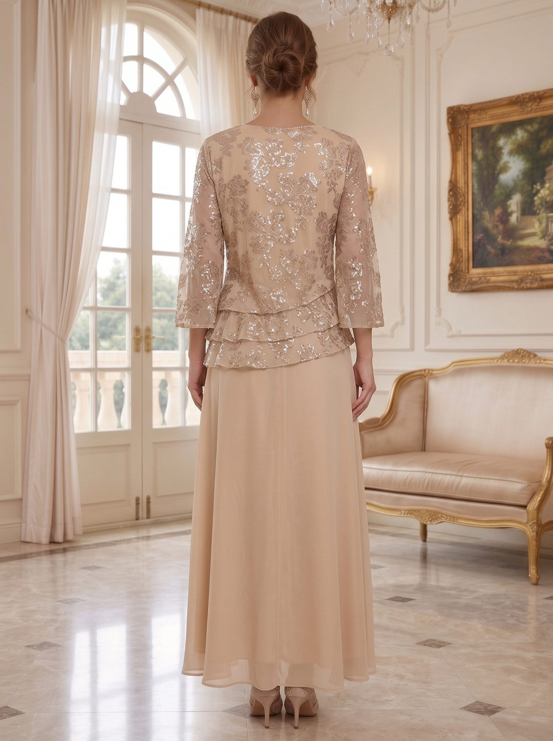 2 Pieces Chiffon Mother of the Bride Dresses Boat Neck Sequins Floor Length 3/4 Length Sleeve with Ruffles