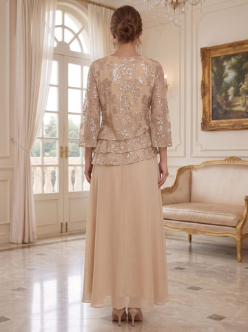 2 Pieces Chiffon Mother of the Bride Dresses Boat Neck Sequins Floor Length 3/4 Length Sleeve with Ruffles