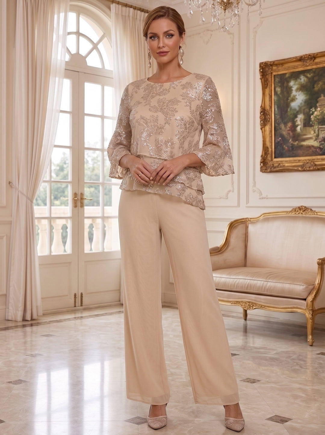 2 Pieces Suit Chiffon Mother of the Bride Pantsuits Boat Neck Sequins Floor Length 3/4 Length Sleeve with Ruffles