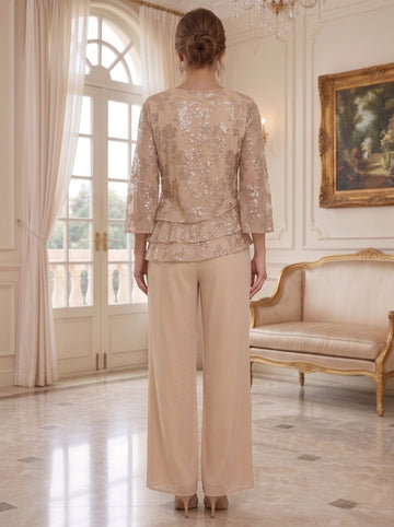 2 Pieces Suit Chiffon Mother of the Bride Pantsuits Boat Neck Sequins Floor Length 3/4 Length Sleeve with Ruffles
