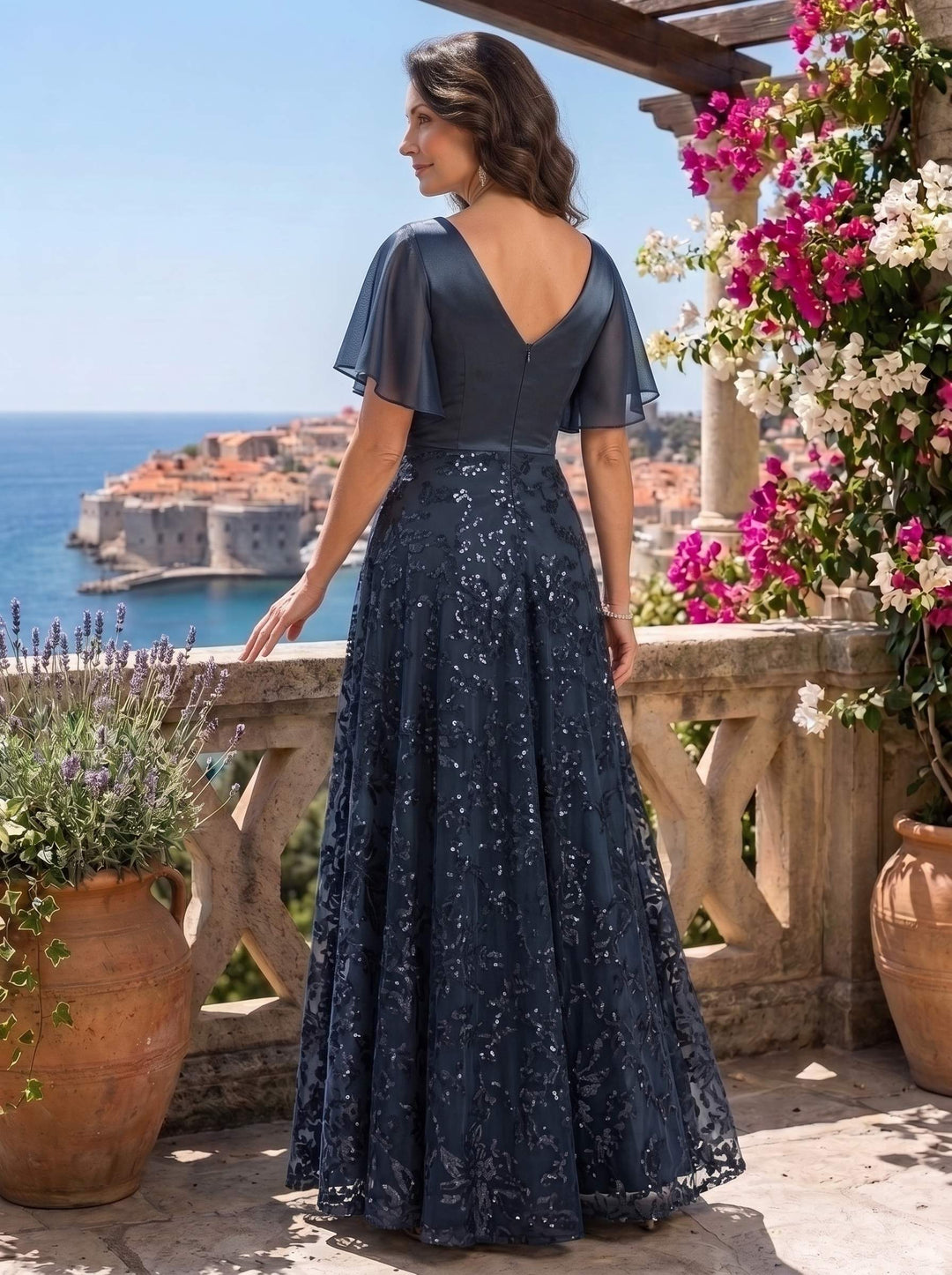 A-Line/Princess Stain Mother of the Bride Dresses V-Neck Short Sleeves Floor-Length Lace with Sequins