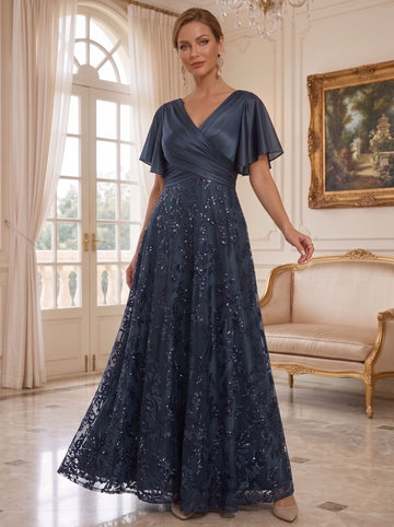 A-Line/Princess Stain Mother of the Bride Dresses V-Neck Short Sleeves Floor-Length Lace with Sequins