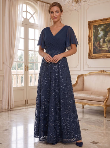 A-Line/Princess Chiffon Mother of the Bride Dresses V-Neck Short Sleeves Floor-Length Lace with Sequins