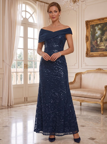 A-Line/Princess Lace Sequins Mother of the Bride Dresses Off-the-Shoulder Short Sleeves Floor-Length