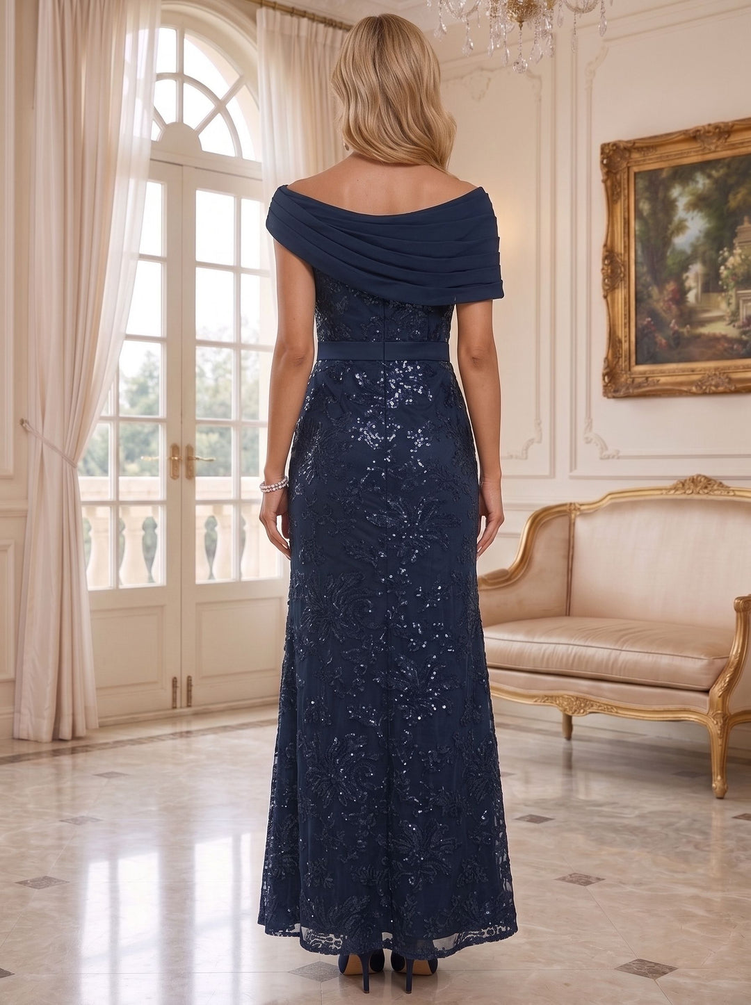 A-Line/Princess Lace Sequins Mother of the Bride Dresses Off-the-Shoulder Short Sleeves Floor-Length