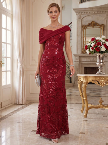 A-Line/Princess Lace Sequins Mother of the Bride Dresses Off-the-Shoulder Short Sleeves Floor-Length