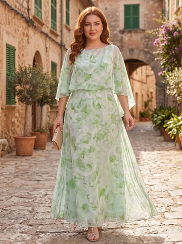 Sheath/Column Scoop Chiffon Plus Size Mother of the Bride Dresses Floral Ankle-Length Cape Sleeves