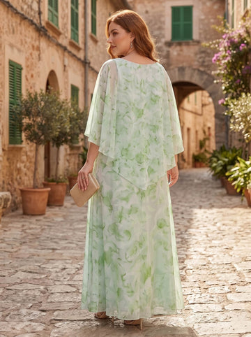 Sheath/Column Scoop Chiffon Plus Size Mother of the Bride Dresses Floral Ankle-Length Cape Sleeves
