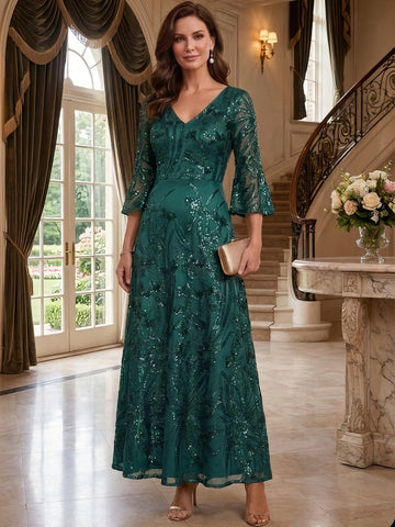 A-Line/Princess V-Neck 3/4 Sleeves Mother of the Bride & Groom Dresses Ankle-Length Sequins