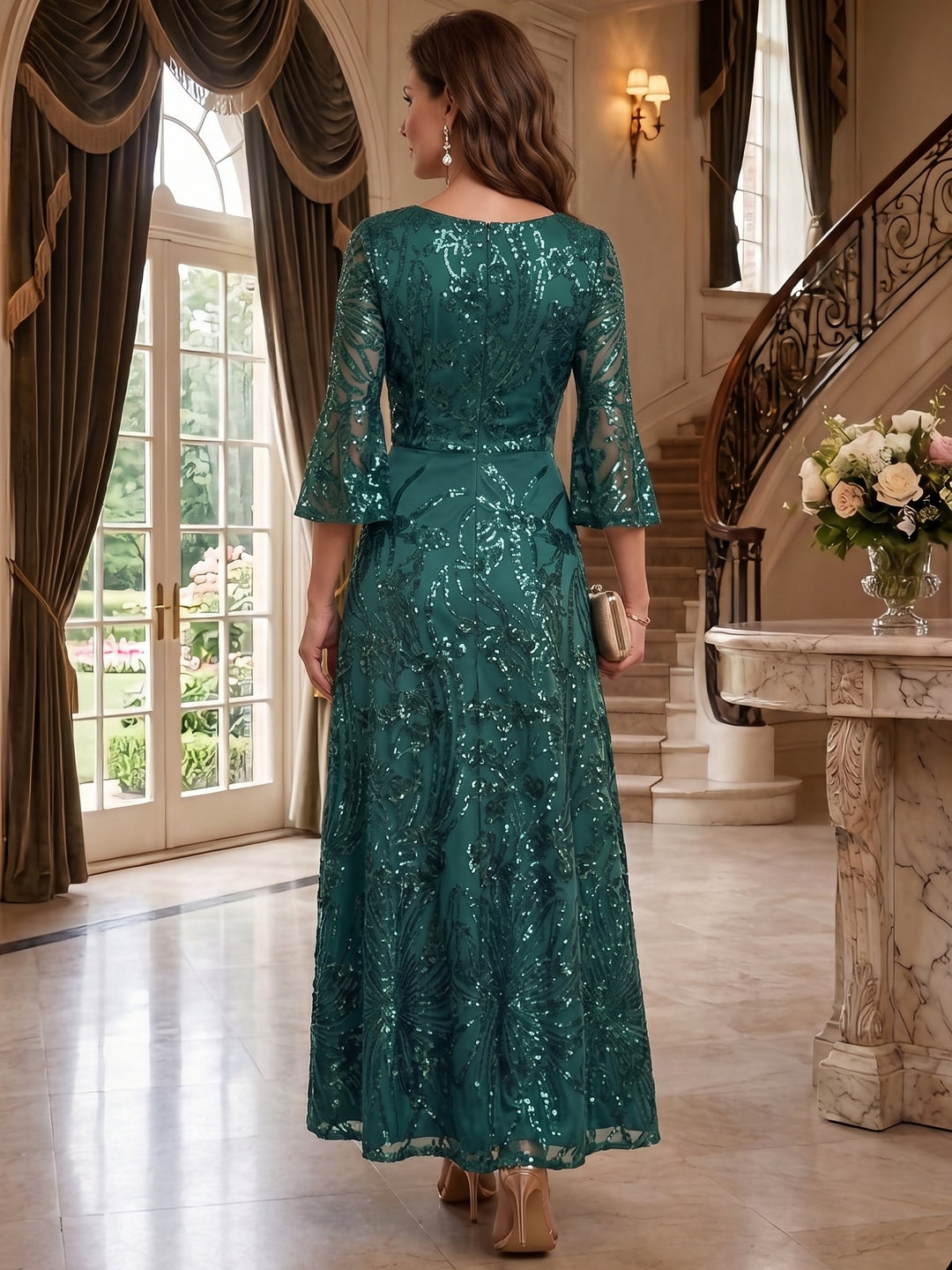 A-Line/Princess V-Neck 3/4 Sleeves Mother of the Bride & Groom Dresses Ankle-Length Sequins