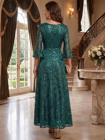 A-Line/Princess V-Neck 3/4 Sleeves Mother of the Bride & Groom Dresses Ankle-Length Sequins