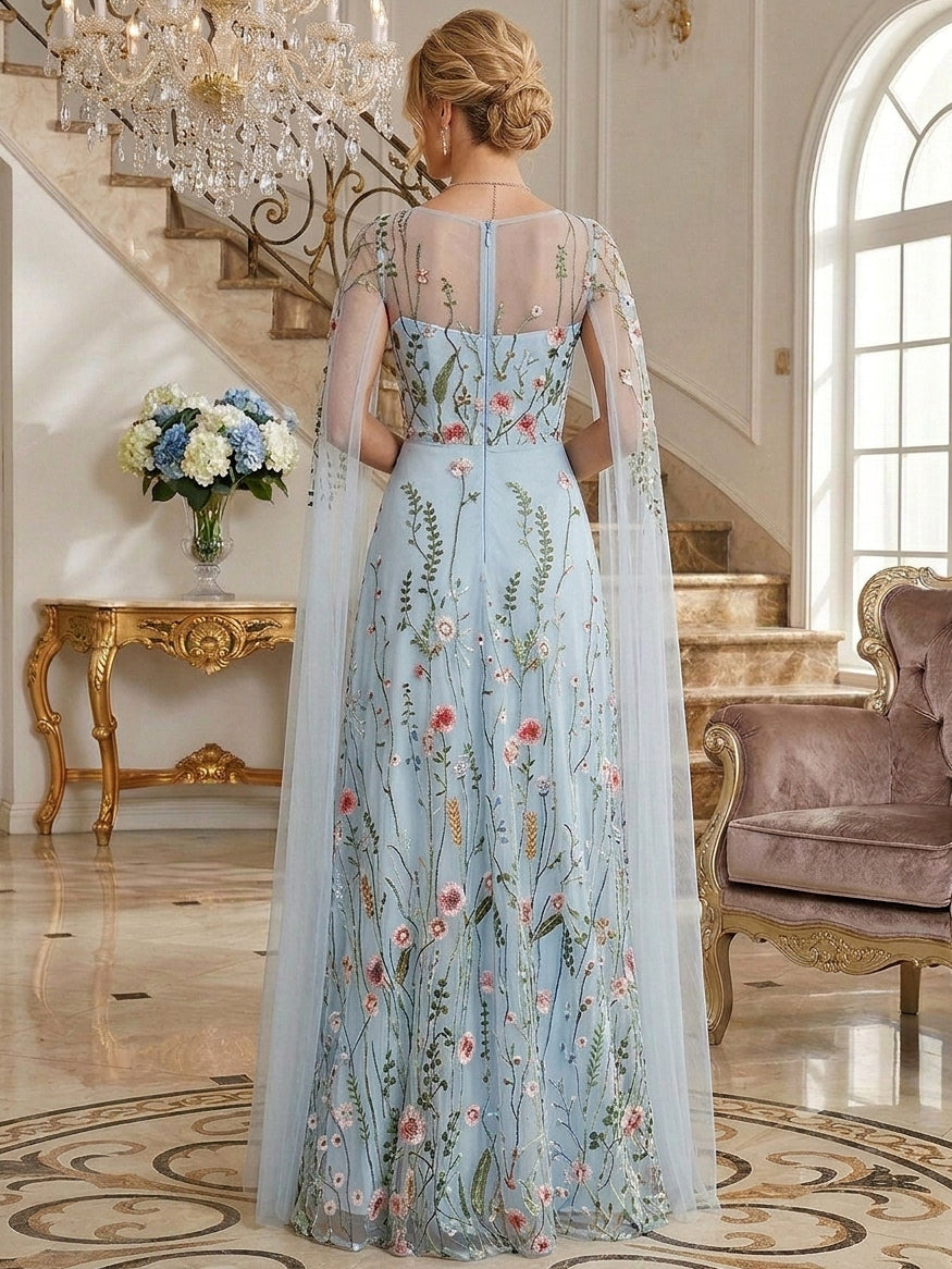 A-Line/Princess V-Neck Cape Sleeves Mother of the Bride & Groom Dresses Floor-Length Lace Embroidery