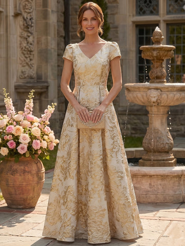 A-Line/Princess V-Neck Short Sleeves Jacquard Mother of the Bride & Groom Dresses Floor-Length with Pleats
