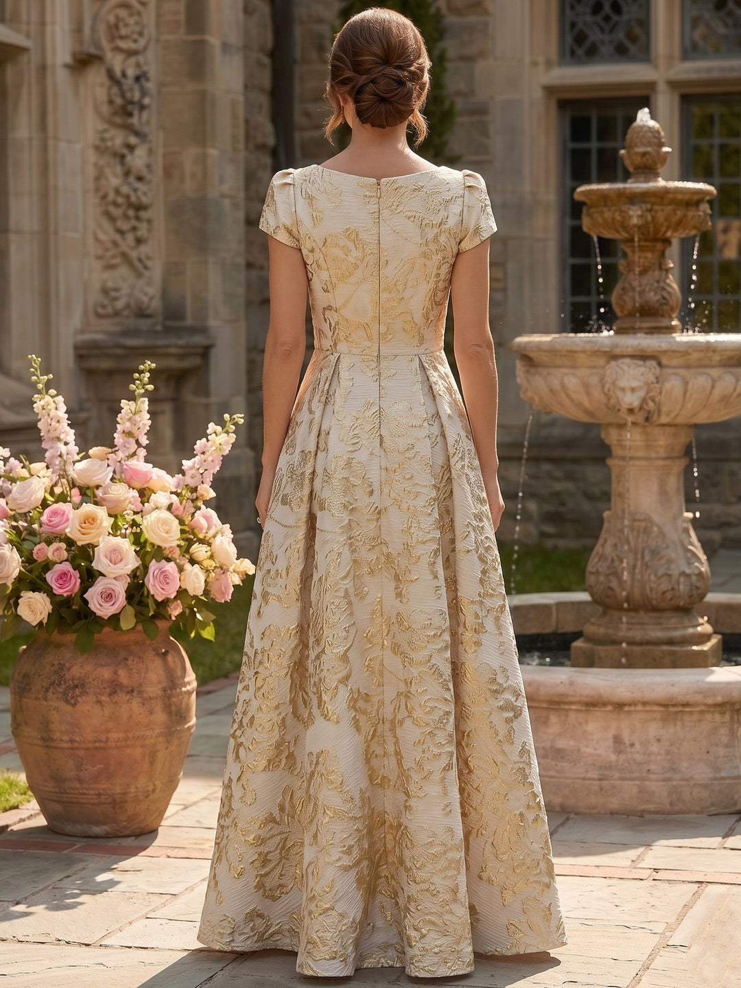 A-Line/Princess V-Neck Short Sleeves Jacquard Mother of the Bride & Groom Dresses Floor-Length with Pleats