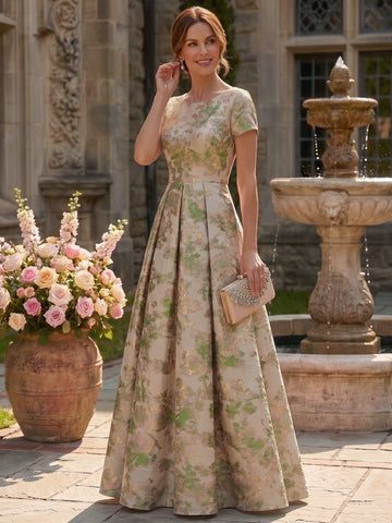 A-Line/Princess Scoop Short Sleeves Jacquard Mother of the Bride & Groom Dresses Floor-Length with Pleats