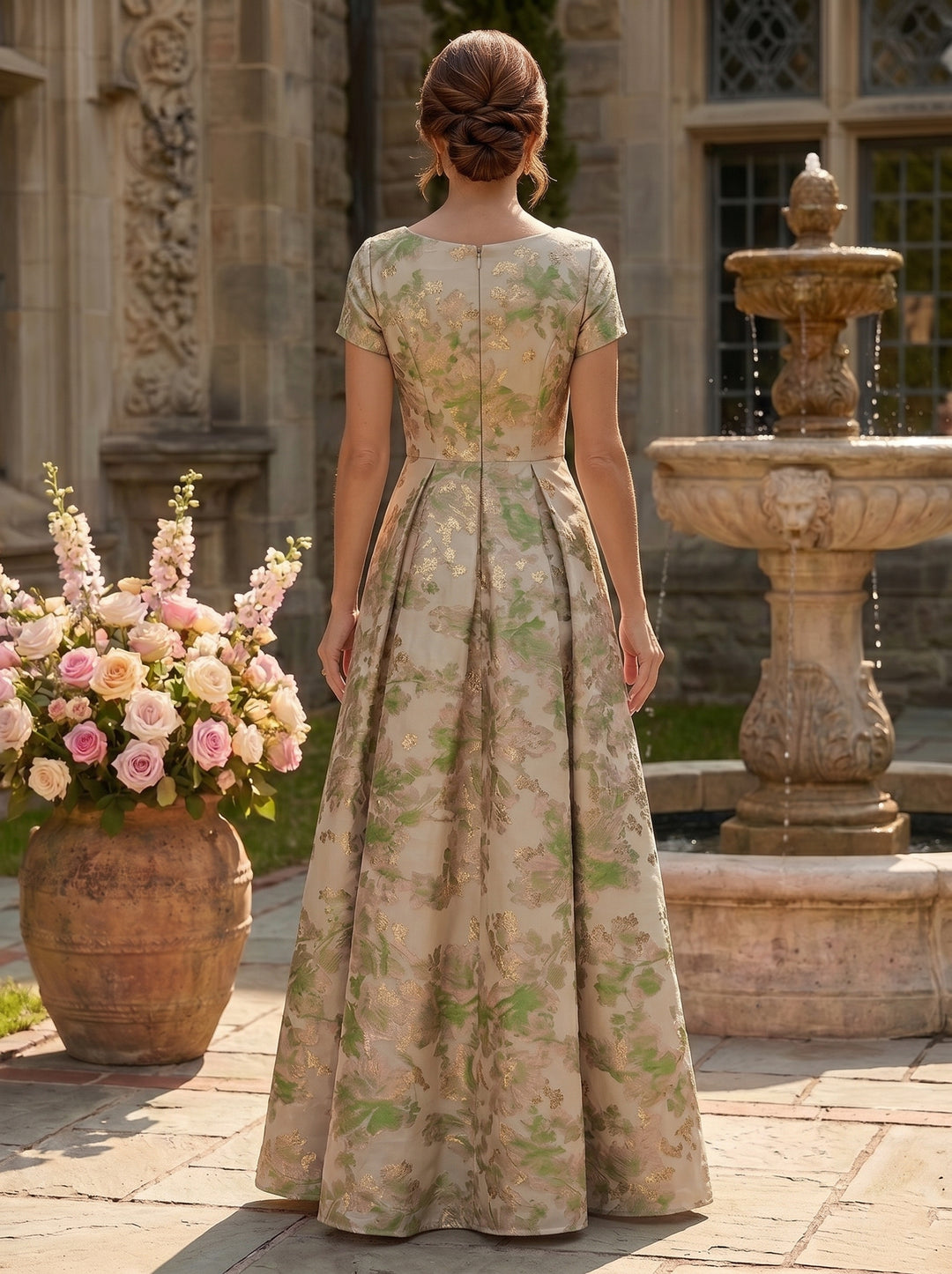 A-Line/Princess Scoop Short Sleeves Jacquard Mother of the Bride & Groom Dresses Floor-Length with Pleats