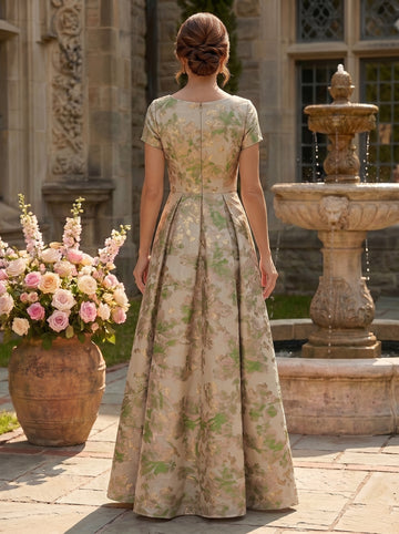 A-Line/Princess Scoop Short Sleeves Jacquard Mother of the Bride & Groom Dresses Floor-Length with Pleats