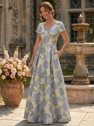 A-Line/Princess V-Neck Short Sleeves Jacquard Mother of the Bride & Groom Dresses Floor-Length Floral