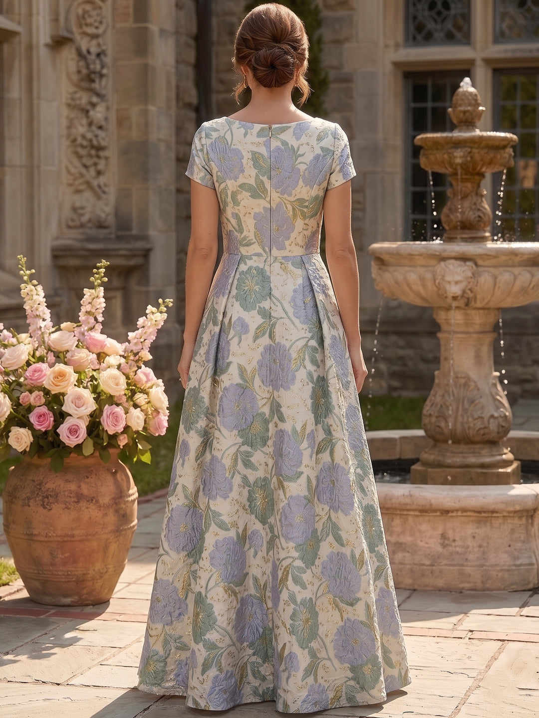 A-Line/Princess V-Neck Short Sleeves Jacquard Mother of the Bride & Groom Dresses Floor-Length Floral