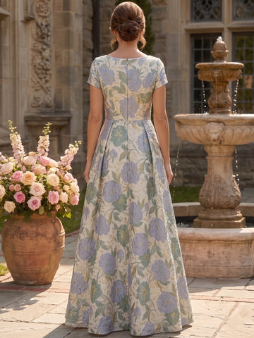 A-Line/Princess V-Neck Short Sleeves Jacquard Mother of the Bride & Groom Dresses Floor-Length Floral