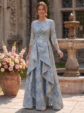 A-Line/Princess Scoop 3/4 Sleeves Jacquard Mother of the Bride & Groom Dresses Floor-Length with Ruffles