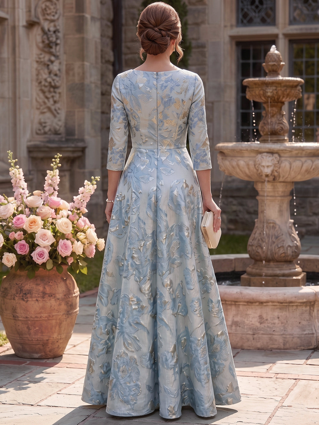 A-Line/Princess Scoop 3/4 Sleeves Jacquard Mother of the Bride & Groom Dresses Floor-Length with Ruffles