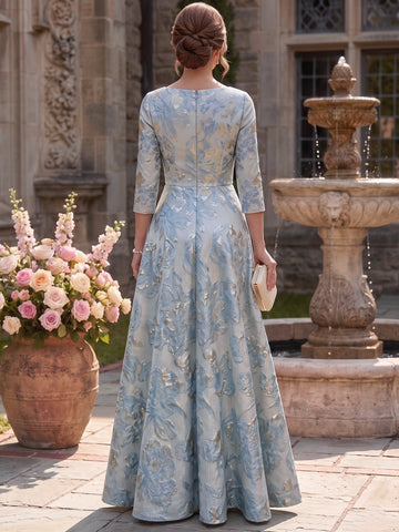A-Line/Princess Scoop 3/4 Sleeves Jacquard Mother of the Bride & Groom Dresses Floor-Length with Ruffles