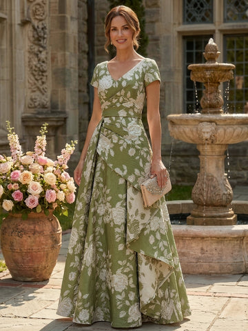 A-Line/Princess V-Neck Short Sleeves Jacquard Mother of the Bride & Groom Dresses Floor-Length with Ruffles