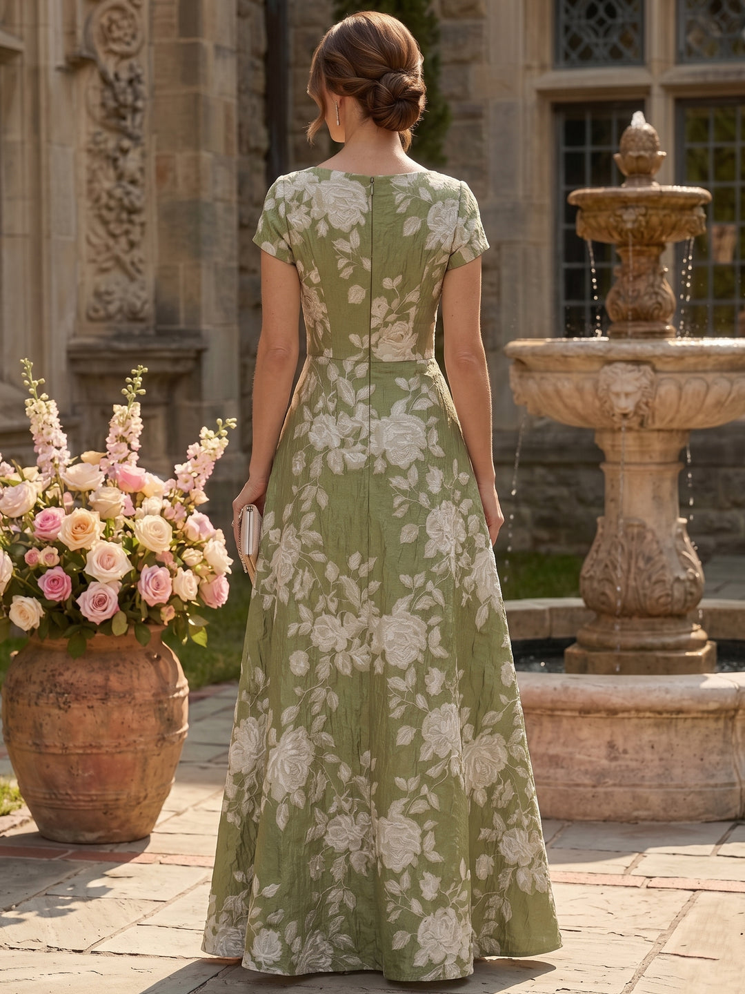 A-Line/Princess V-Neck Short Sleeves Jacquard Mother of the Bride & Groom Dresses Floor-Length with Ruffles
