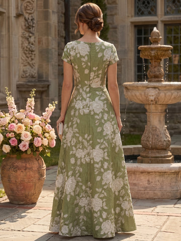 A-Line/Princess V-Neck Short Sleeves Jacquard Mother of the Bride & Groom Dresses Floor-Length with Ruffles