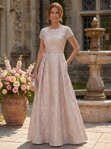 A-Line/Princess Scoop Short Sleeves Jacquard Mother of the Bride & Groom Dresses Floor-Length with Pockets