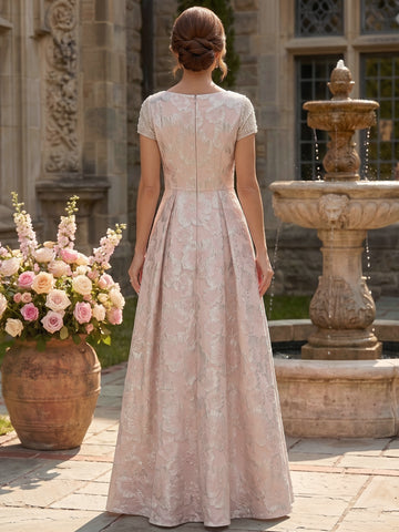 A-Line/Princess Scoop Short Sleeves Jacquard Mother of the Bride & Groom Dresses Floor-Length with Pockets
