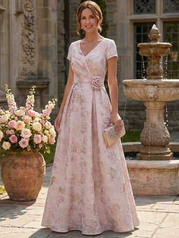 A-Line/Princess V-Neck Short Sleeves Jacquard Mother of the Bride & Groom Dresses Floor-Length with 3D Flower