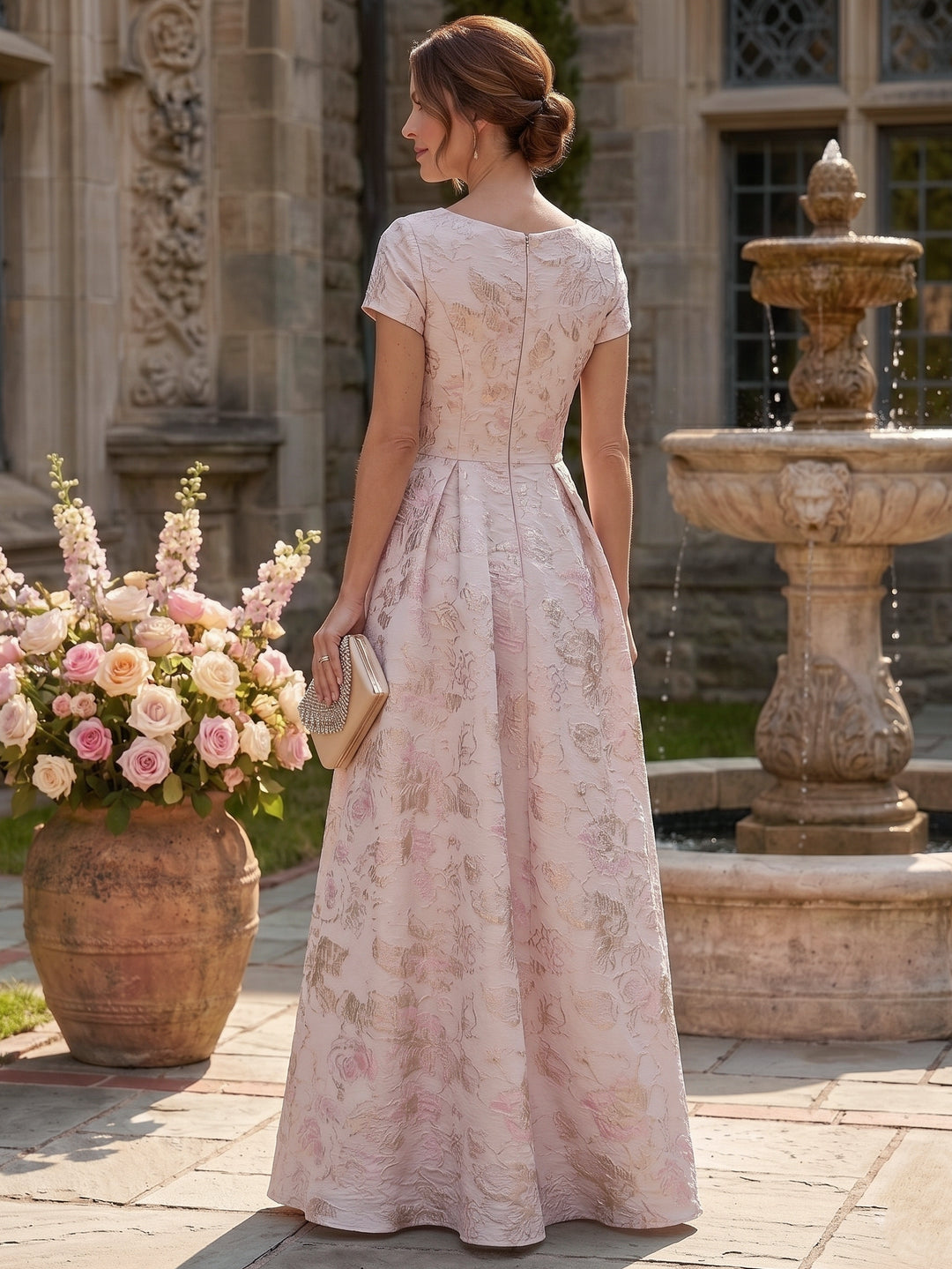 A-Line/Princess V-Neck Short Sleeves Jacquard Mother of the Bride & Groom Dresses Floor-Length with 3D Flower