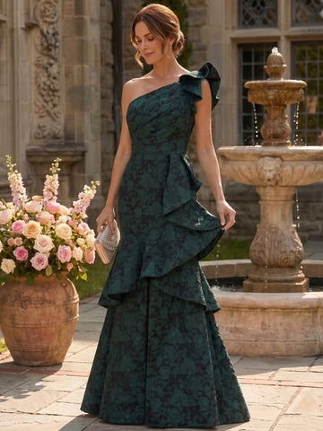 Trumpet/Mermaid One-Shoulder Sleeveless Jacquard Mother of the Bride & Groom Dresses Floor-Length with Ruffles