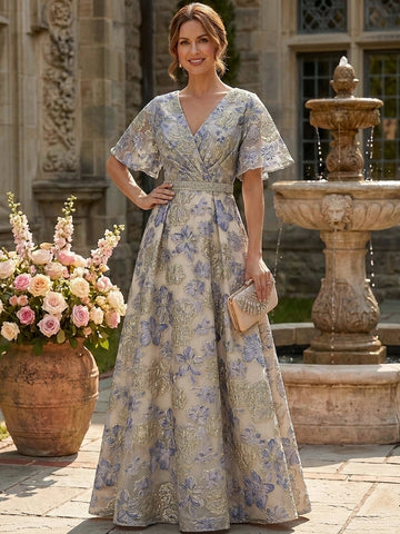 A-Line/Princess V-Neck Half Sleeves Jacquard Mother of the Bride & Groom Dresses Floor-Length Floral