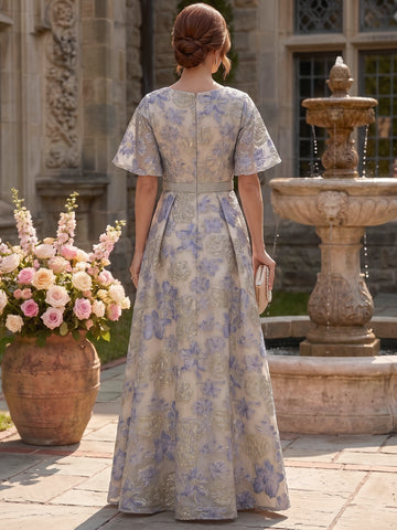 A-Line/Princess V-Neck Half Sleeves Jacquard Mother of the Bride & Groom Dresses Floor-Length Floral