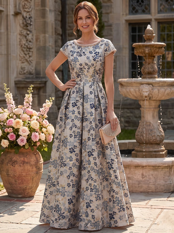 A-Line/Princess Scoop Short Sleeves Jacquard Mother of the Bride & Groom Dresses Floor-Length with Beading