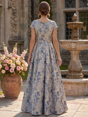 A-Line/Princess Scoop Short Sleeves Jacquard Mother of the Bride & Groom Dresses Floor-Length with Beading