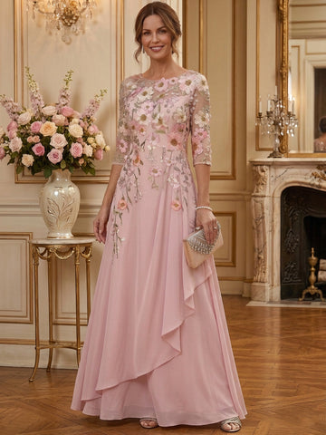 A-Line/Princess Scoop 3/4 Sleeves Chiffon Mother of the Bride & Groom Dresses Floor-Length with Ruffles