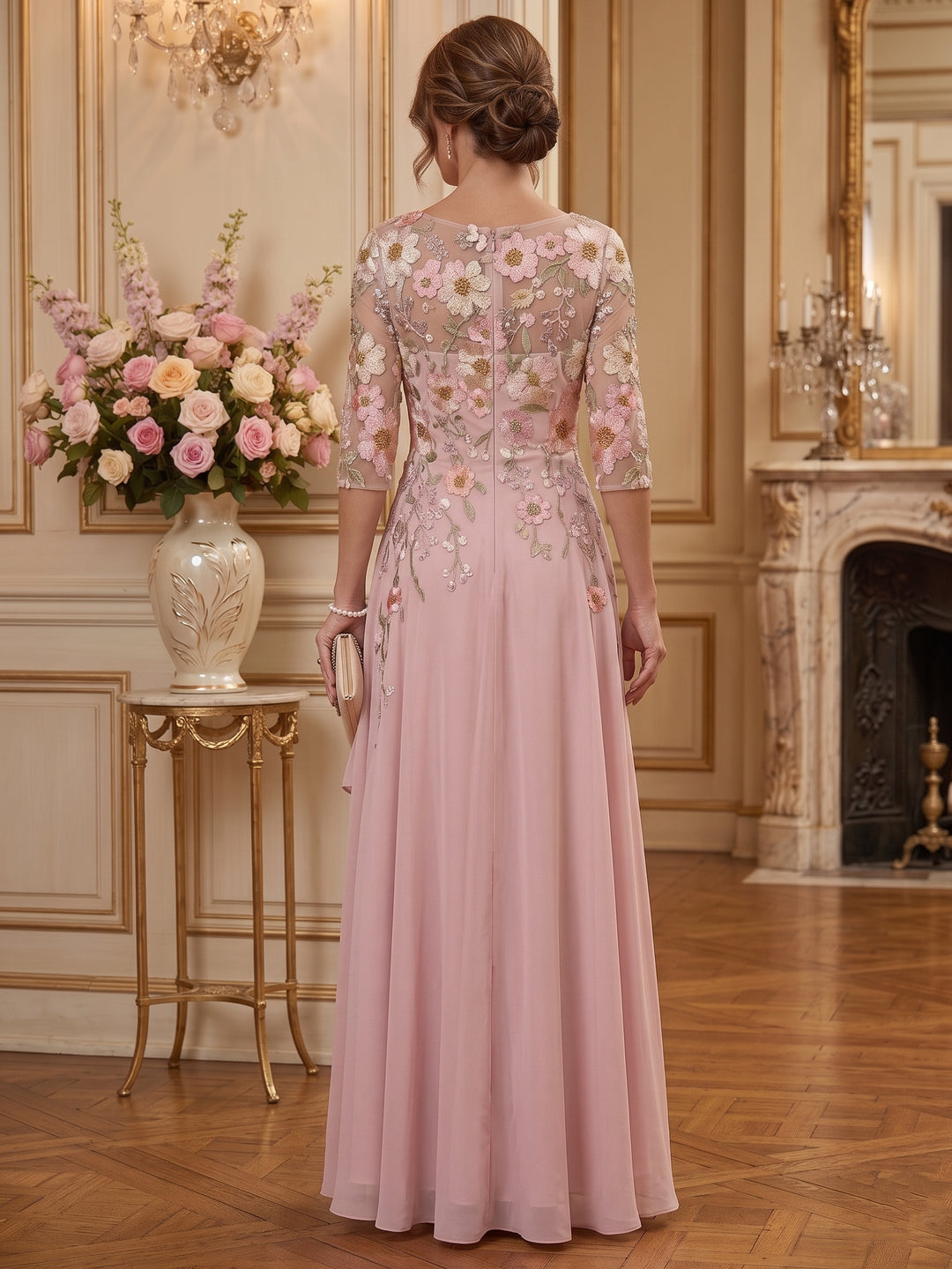 A-Line/Princess Scoop 3/4 Sleeves Chiffon Mother of the Bride & Groom Dresses Floor-Length with Ruffles